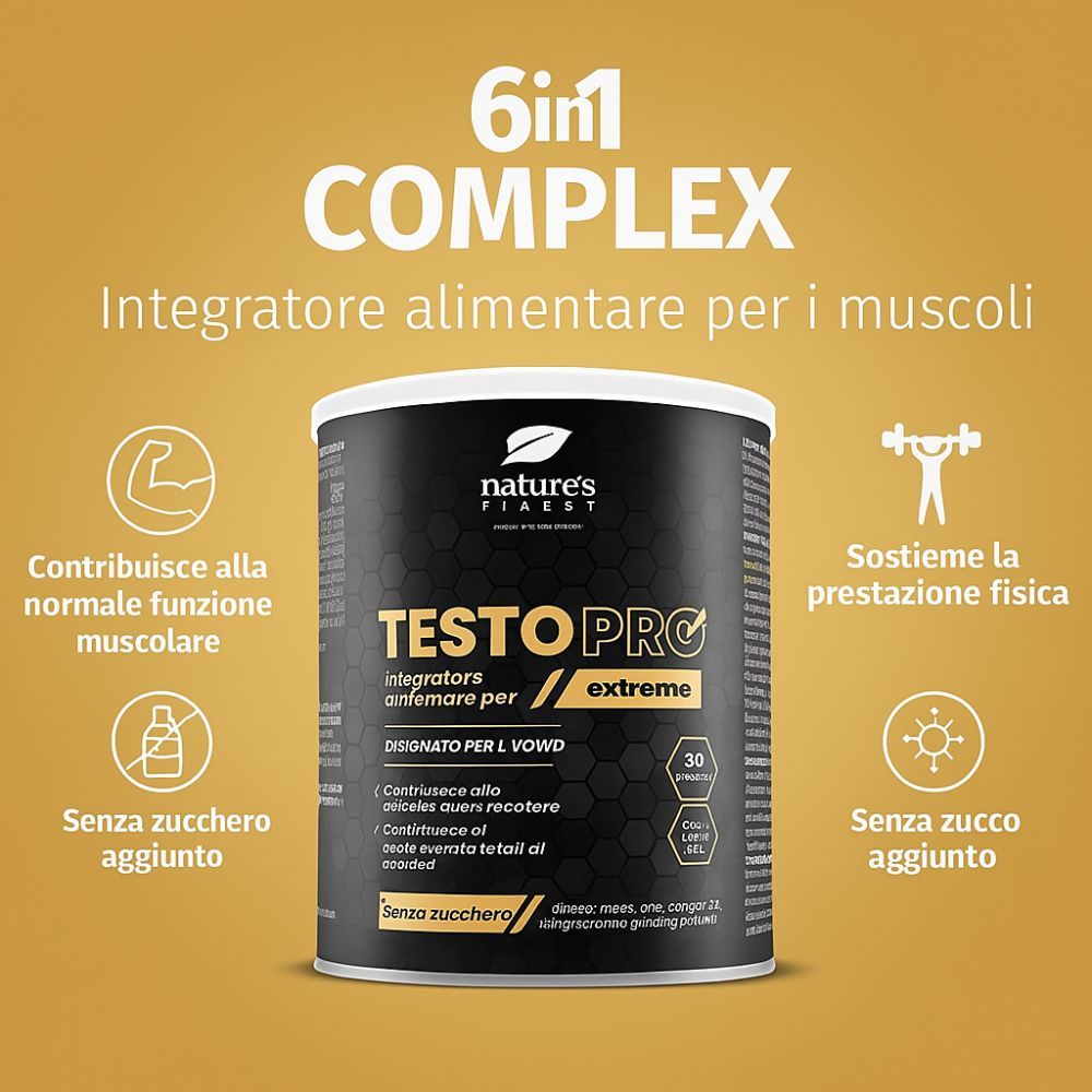 Confezione di TestoPRO Extreme. Barattolo con coperchio bianco. Testo in italiano. Contiene 30 porzioni. Senza zucchero aggiunto.