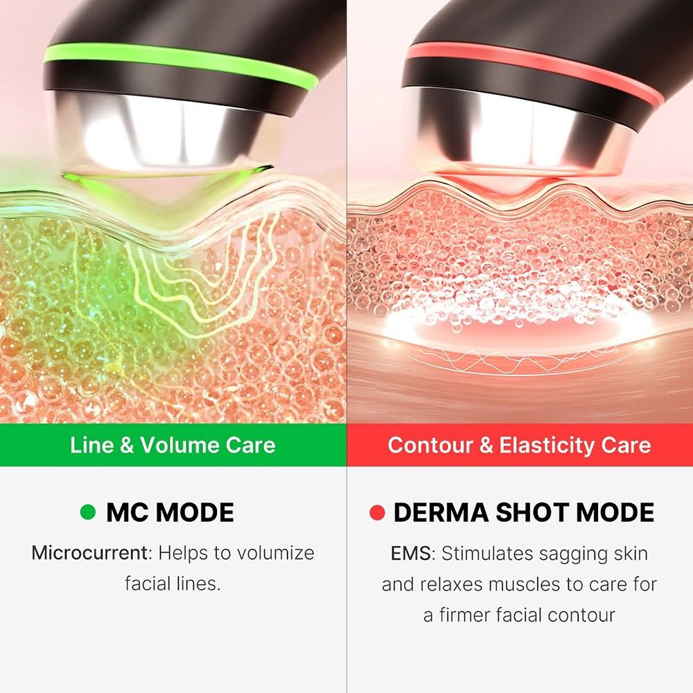 Due viste della bacchetta di bellezza. Testo: Line & Volume Care, MC Mode. Contour & Elasticity Care, Derma Shot Mode.