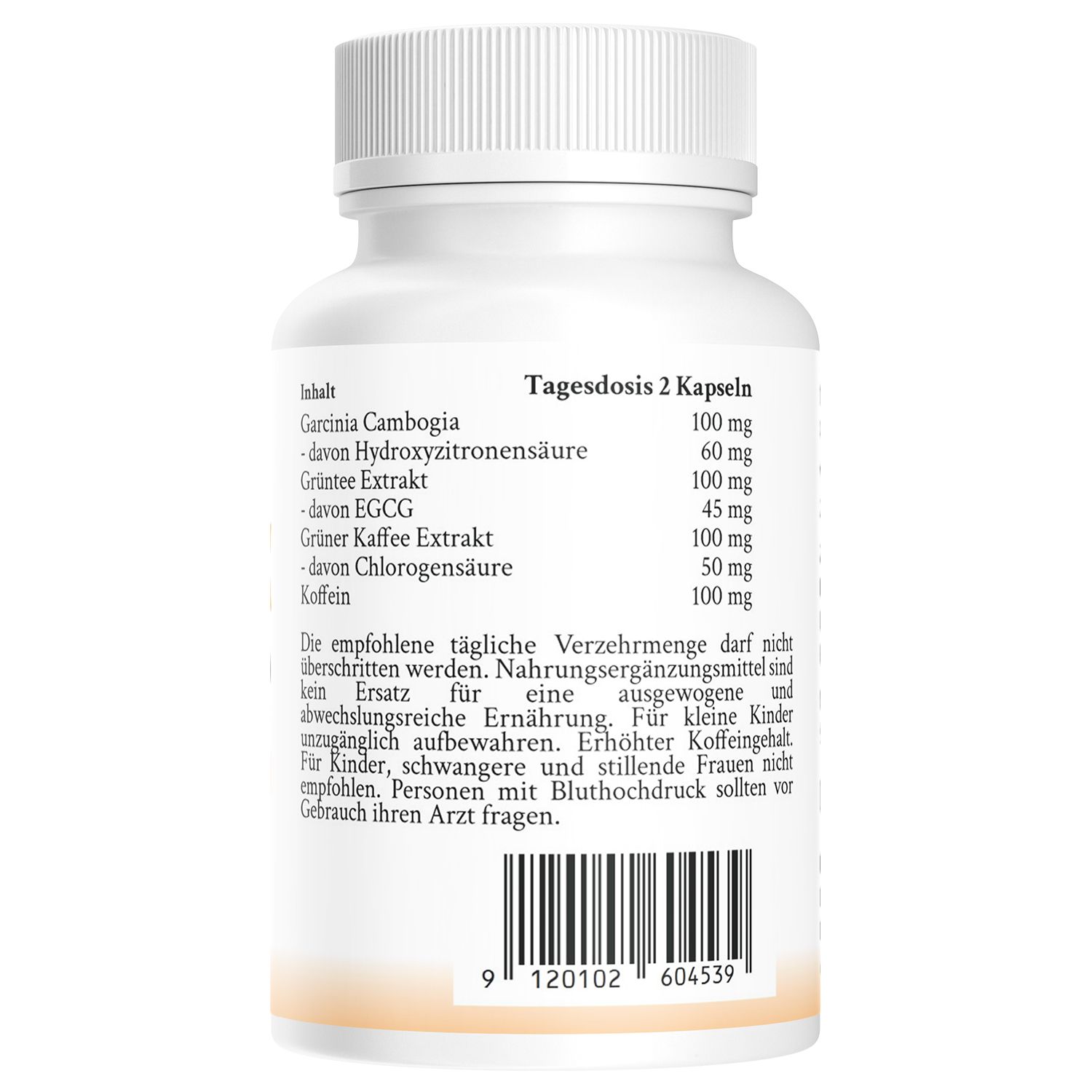 Retro di un flacone bianco di capsule. Contiene informazioni sugli ingredienti per dose giornaliera e avvertenze.