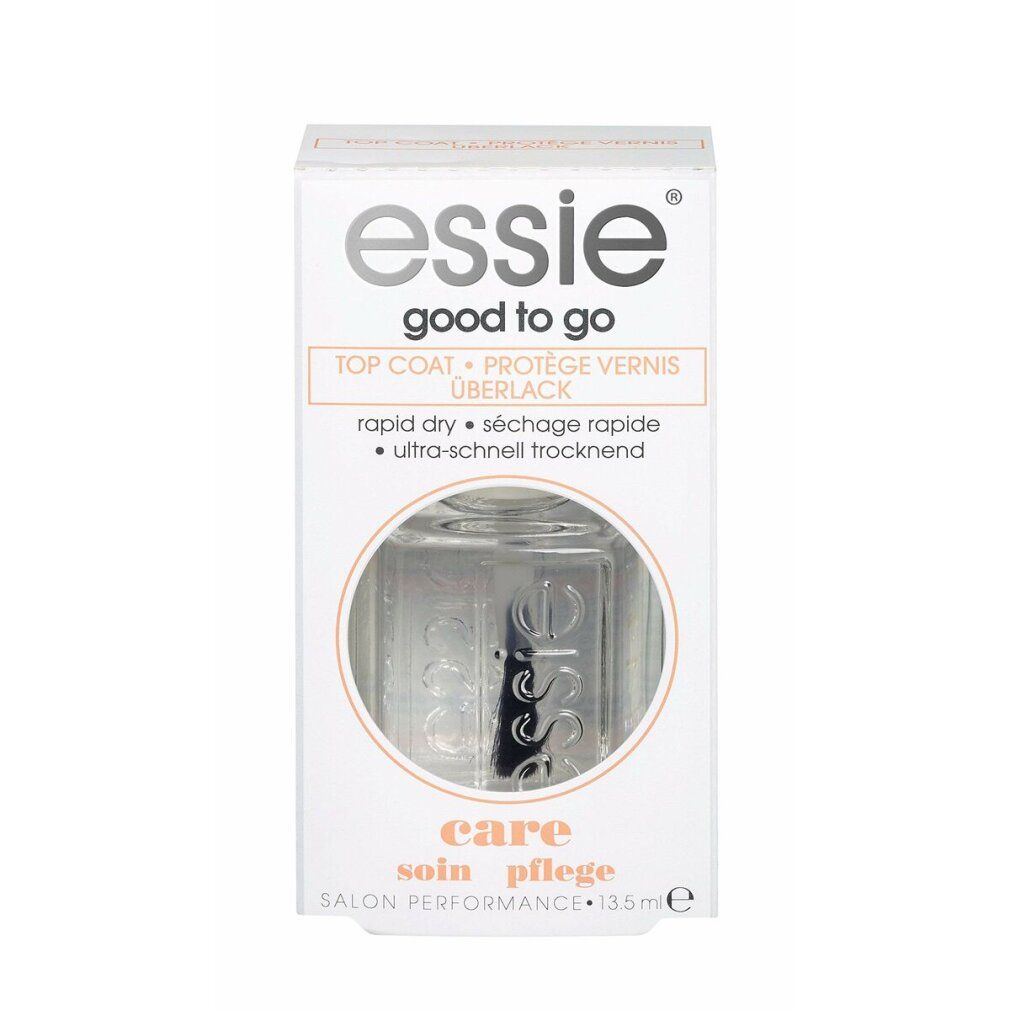 Confezione di Good To Go Essie. Contiene un flacone di smalto trasparente. Testo: Top Coat, cura, Salon Performance.