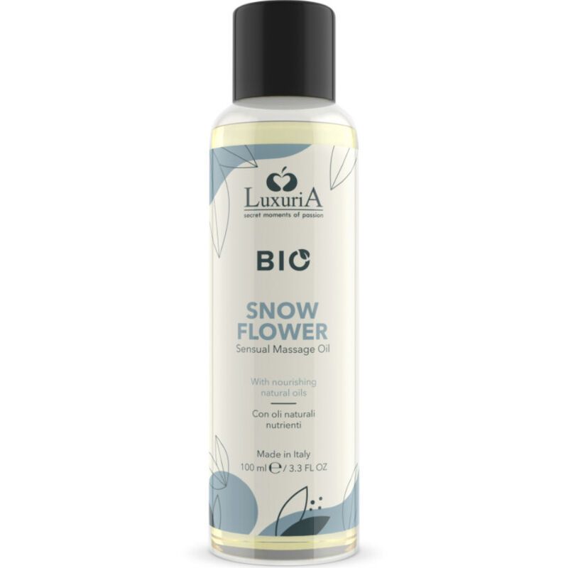 Olio da massaggio LuxuriA BIO Snow Flower in flacone trasparente con tappo nero. 100 ml.