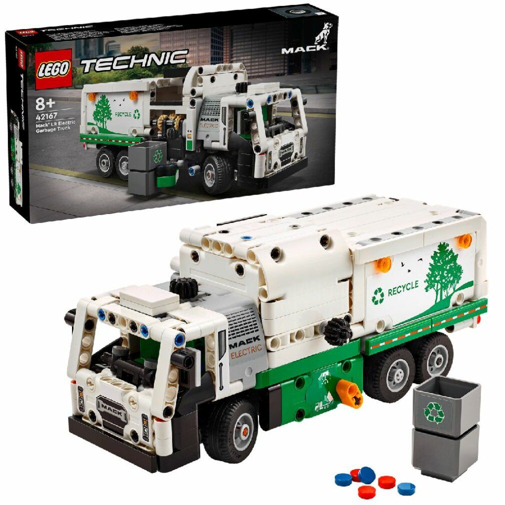 Camion della spazzatura LEGO Technic. Bianco, verde e grigio. Logo riciclo e accessori. Confezione con immagine.