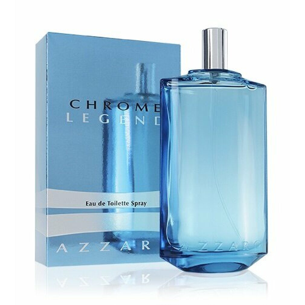 Flacone e confezione Azzaro Chrome Legend EdT. Flacone blu, angolare, con tappo argentato. Confezione blu, testo: Chrome Legend, Azzaro.