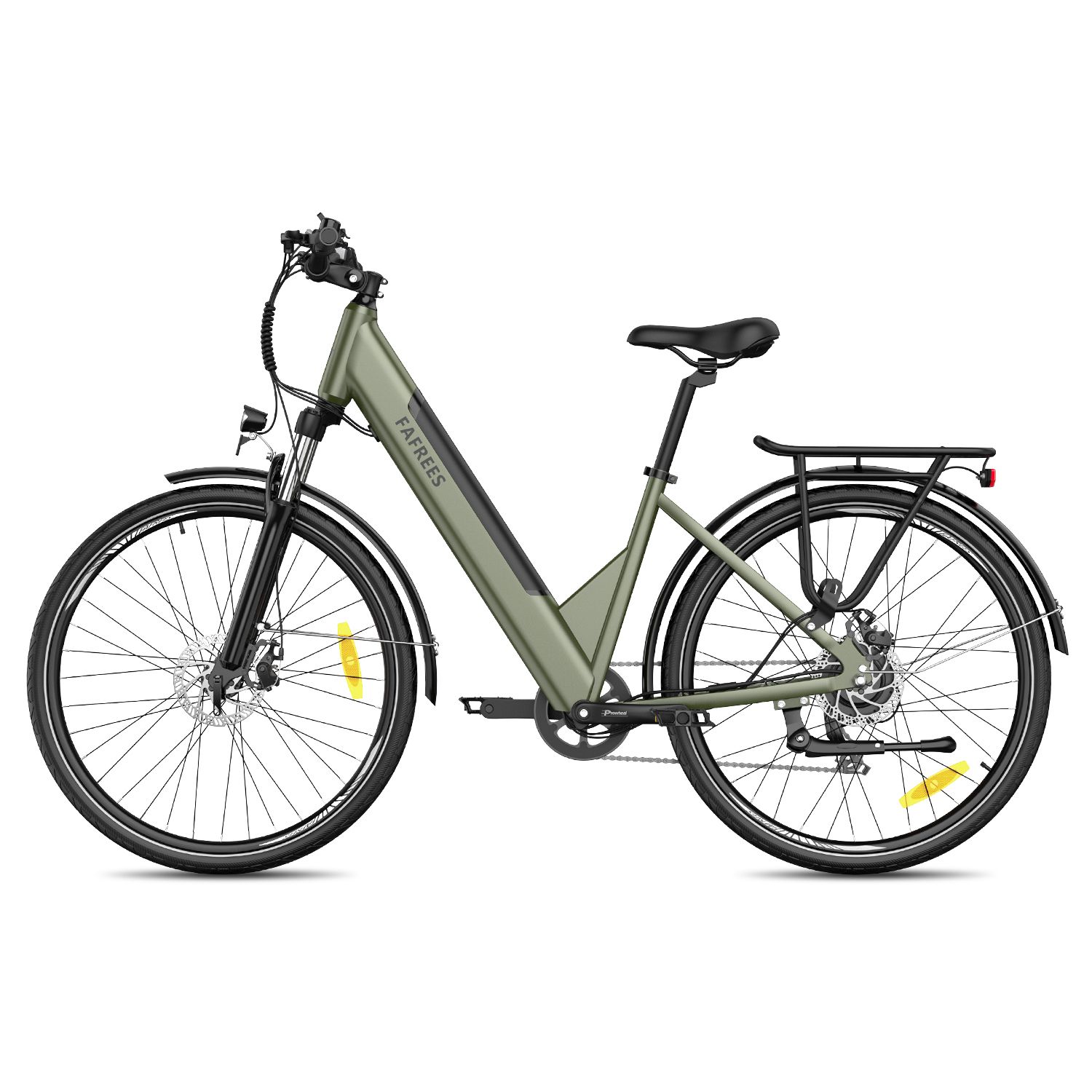 E-bike verde con portapacchi, parafanghi e scritta FAFREES. Pneumatici e sella neri.