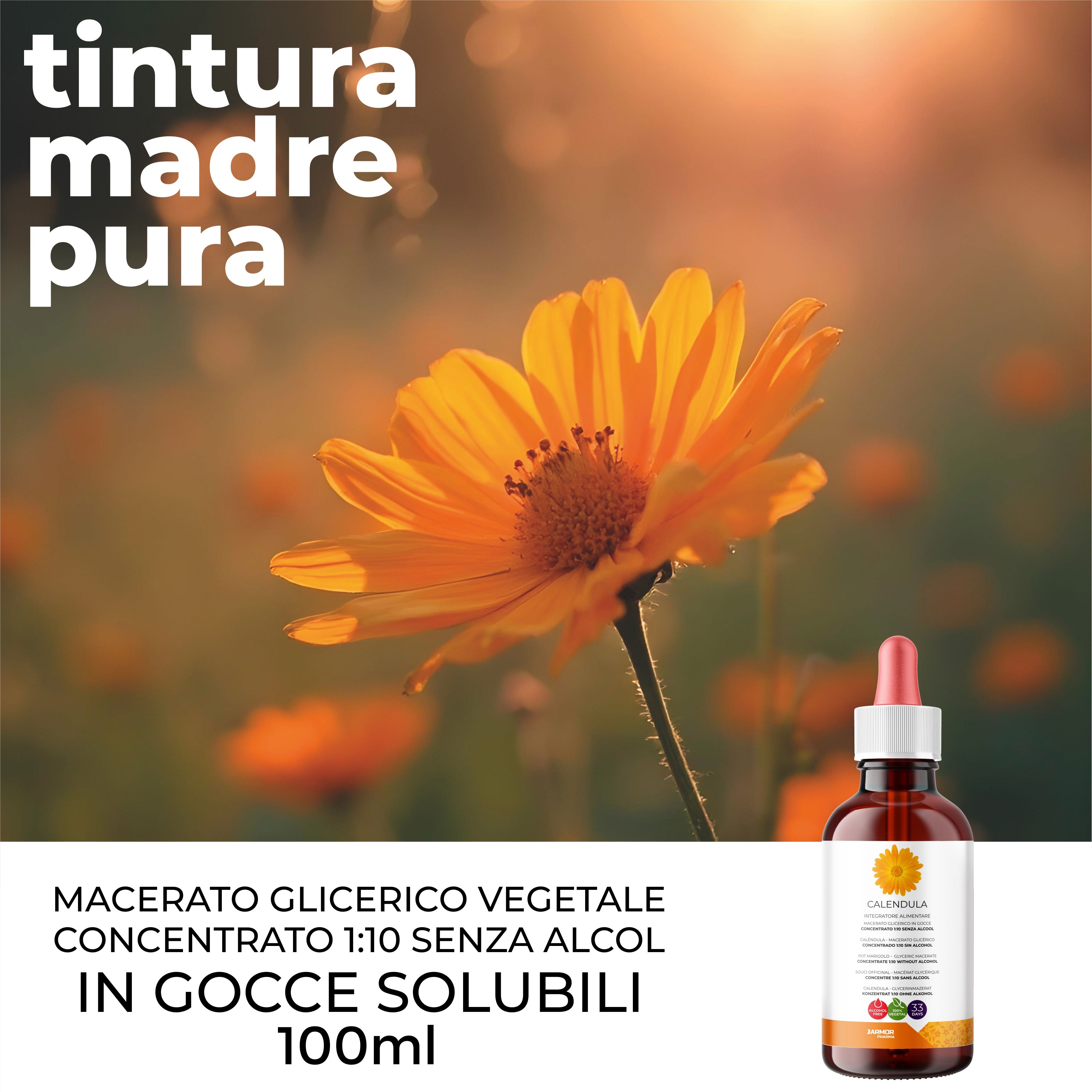 Flacone di vetro marrone con contagocce e liquido giallo. Testo: Macerato Glicerico, in gocce solubili, 100ml. Fiore giallo.