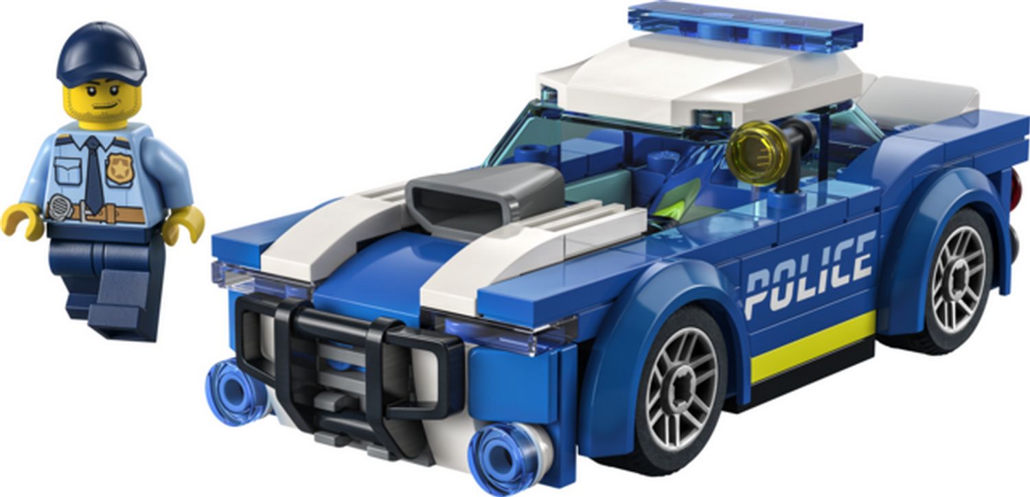 Auto della polizia LEGO City blu e bianca e poliziotto. L'auto ha la scritta POLICE.