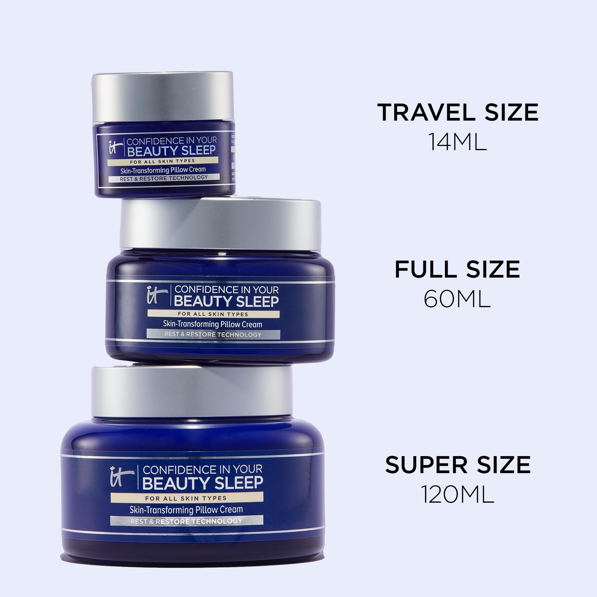 Vasi impilati della crema IT Cosmetics Confidence In Your Beauty Sleep in diverse dimensioni.
