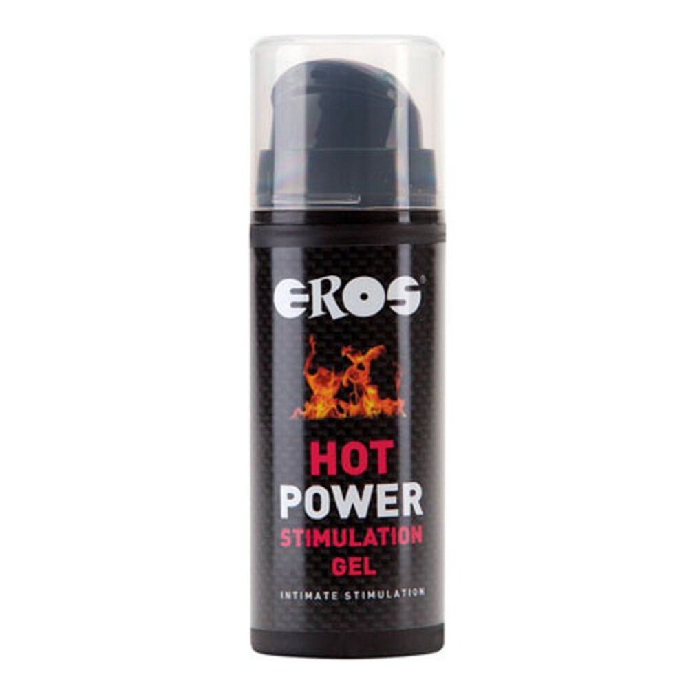 Flacone nero con dosatore. Scritta: EROS, HOT POWER STIMULATION GEL, Intimate Stimulation. Grafica fiamme.
