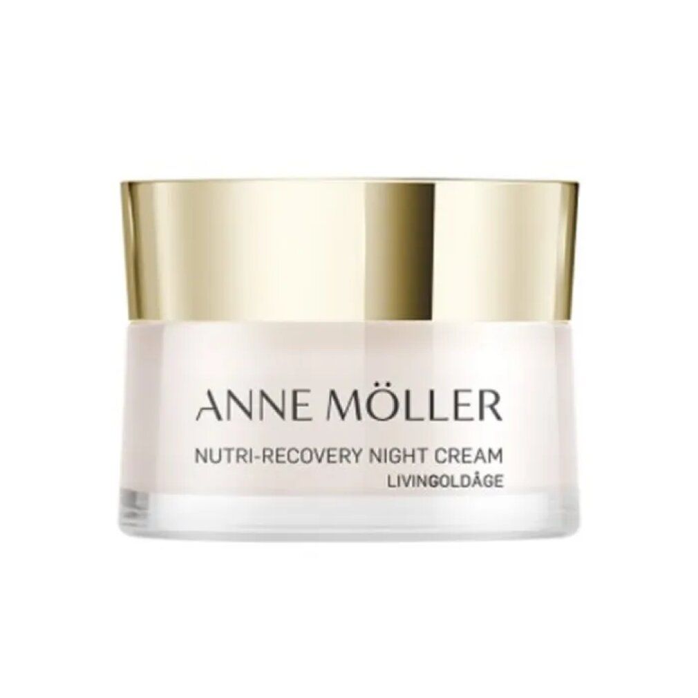 Vaso di crema con coperchio dorato. Scritta: Anne Möller, Nutri-Recovery Night Cream, Livingoldâge.