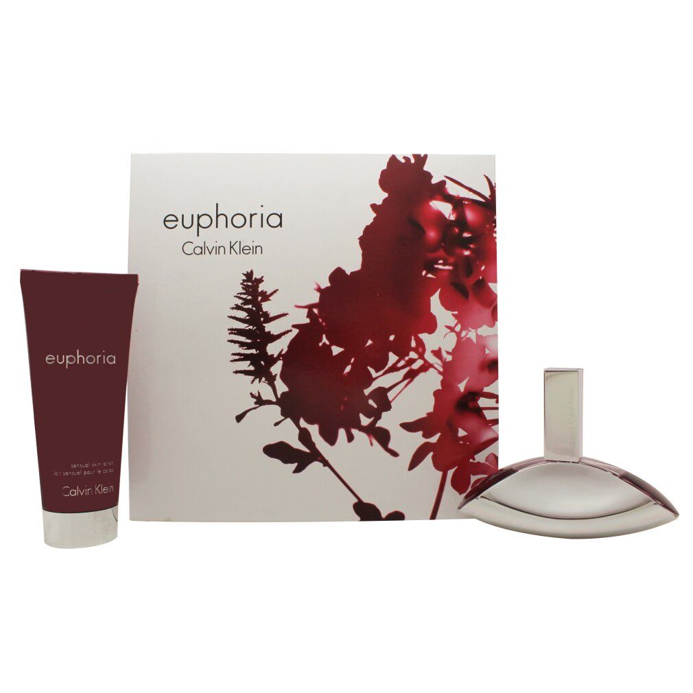 Set regalo con flacone, lozione per il corpo e scatola. Logo Euphoria e Calvin Klein sulla scatola.