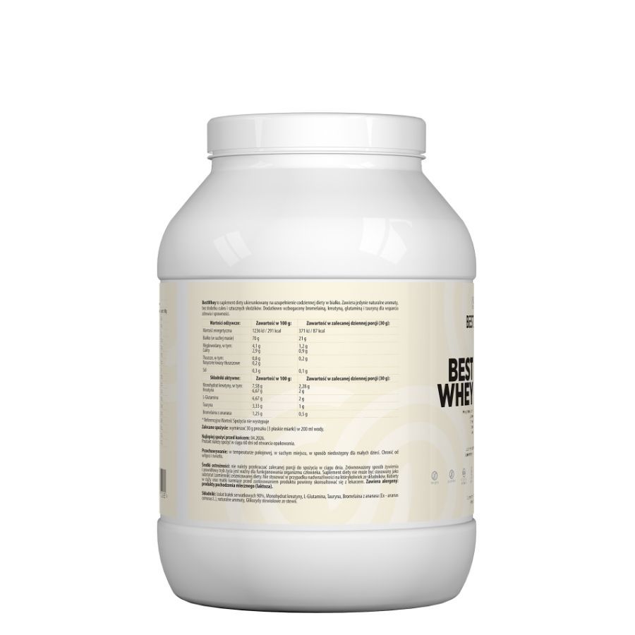 Retro di un barattolo di proteine Best Lab Best Whey bianco. Testo con informazioni nutrizionali e ingredienti. Contenitore con coperchio.