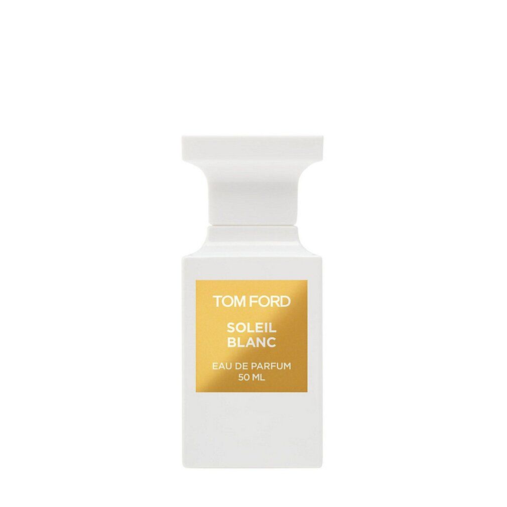 Flacone bianco con etichetta dorata. Sull'etichetta, "TOM FORD SOLEIL BLANC EAU DE PARFUM 50 ml". Il flacone ha un tappo bianco.