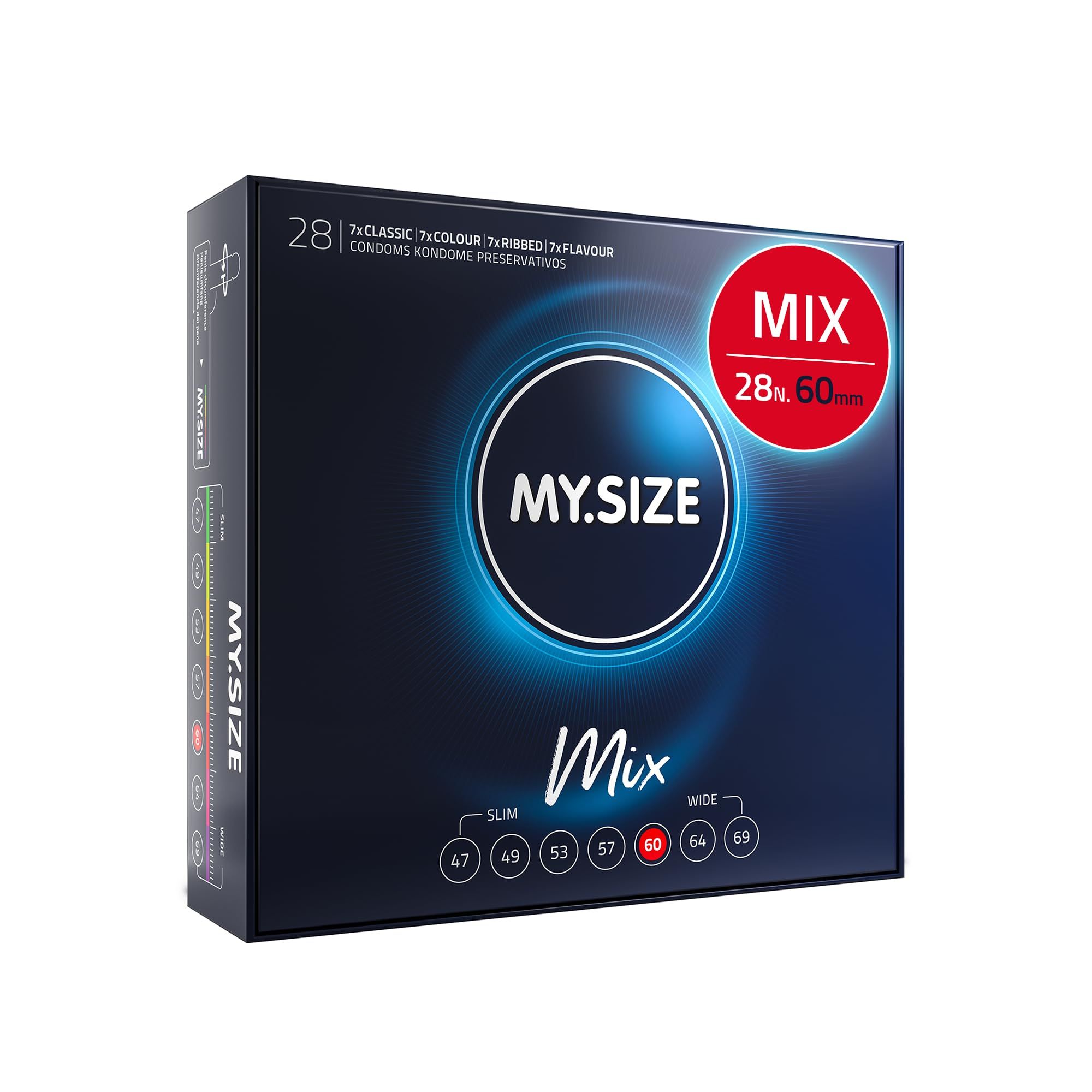 Preservativi MY.SIZE Mix, 28 pezzi, misura 60mm. Confezione con diverse varietà e una coppia.