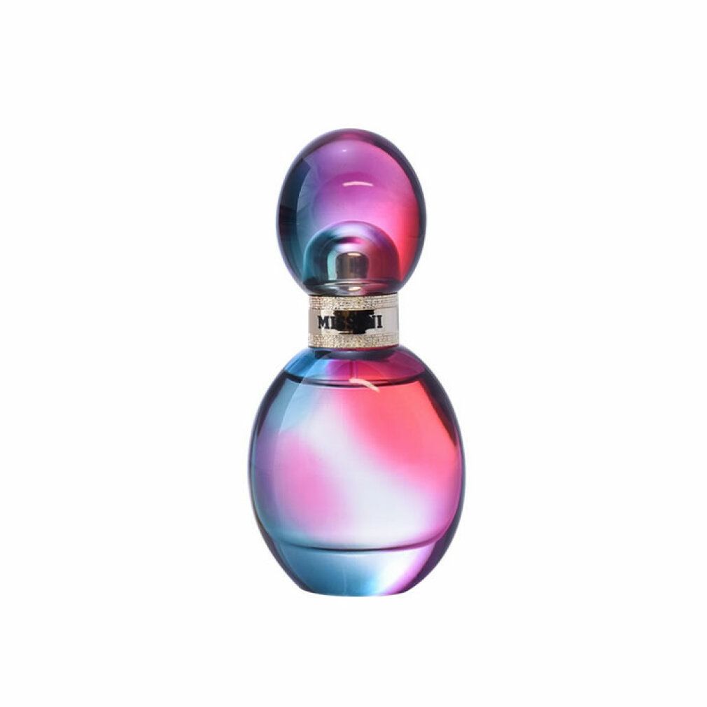 Flacone di profumo con flacone in vetro rotondo colorato e tappo sferico. Scritta: MISSINI.