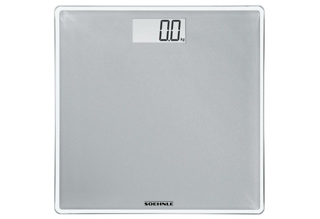 Bilancia digitale argentata con display. Display: 0.0.