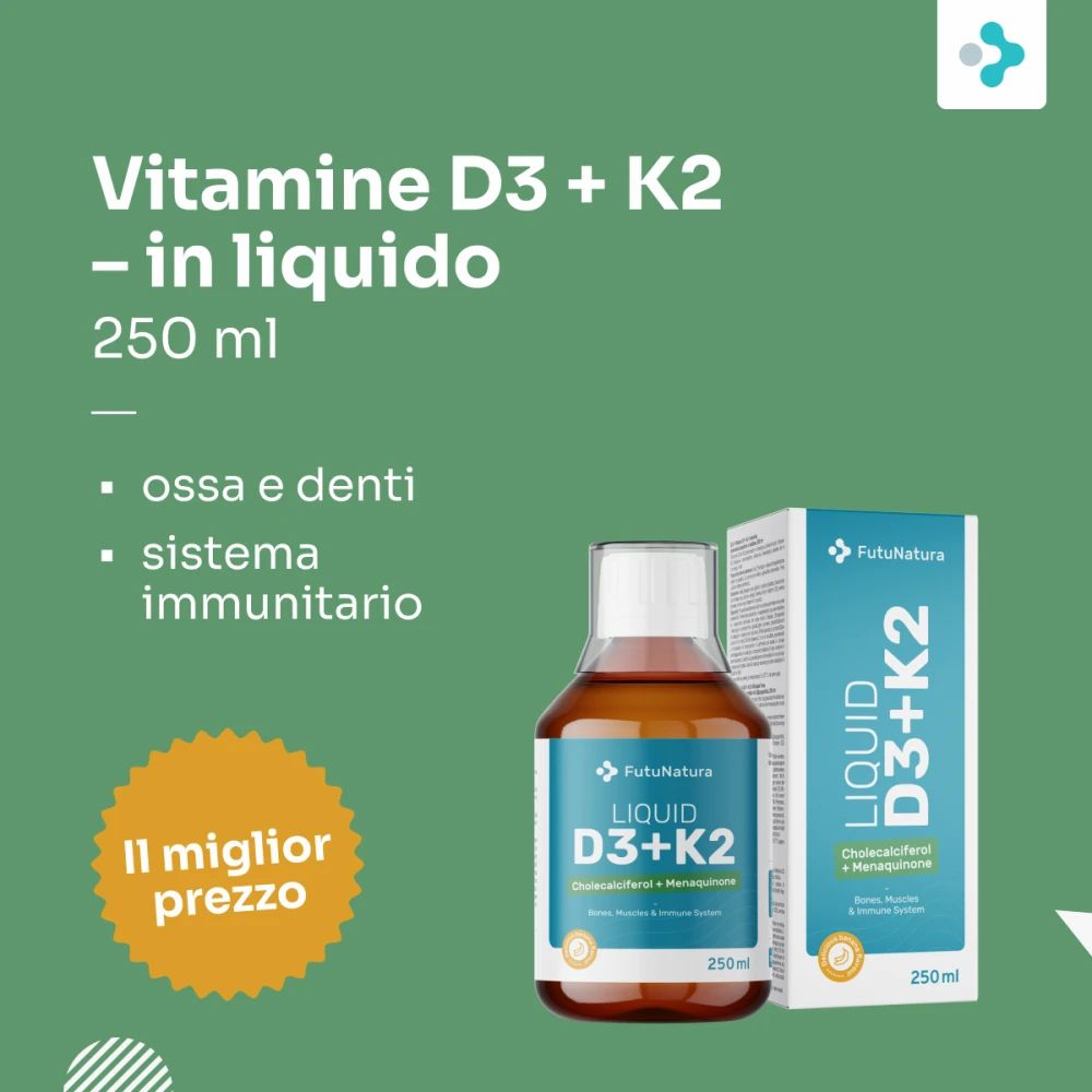 Sfondo verde con testo e prodotto. Vitamina D3 + K2 liquido, 250 ml. Vantaggi: ossa, denti, sistema immunitario. Miglior prezzo.