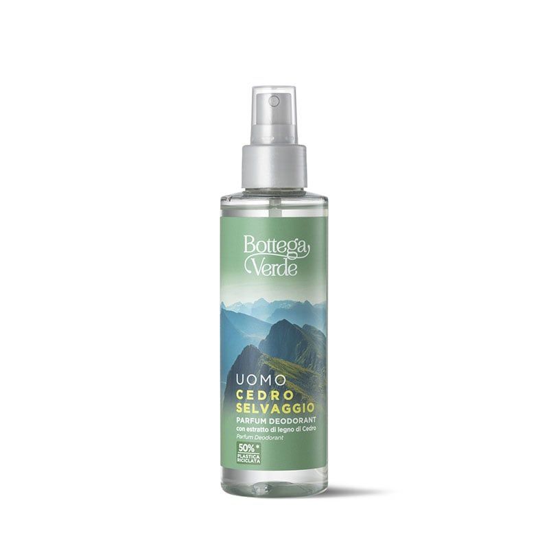Flacone spray deodorante. Etichetta verde-bianca con paesaggio e testo: Bottega Verde, Cedro Selvaggio, Parfum Deodorant.