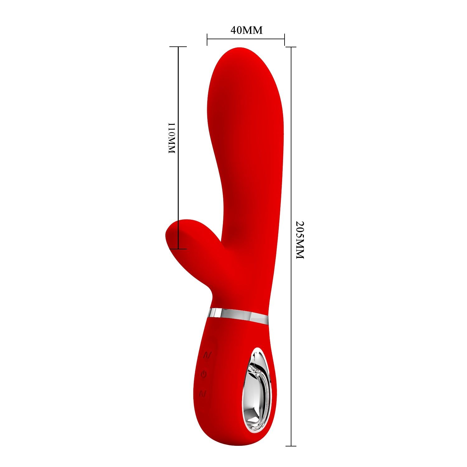 Vibratore rosso con design a coniglio. Dimensioni: 205mm x 40mm x 110mm. Anello argentato alla giunzione.
