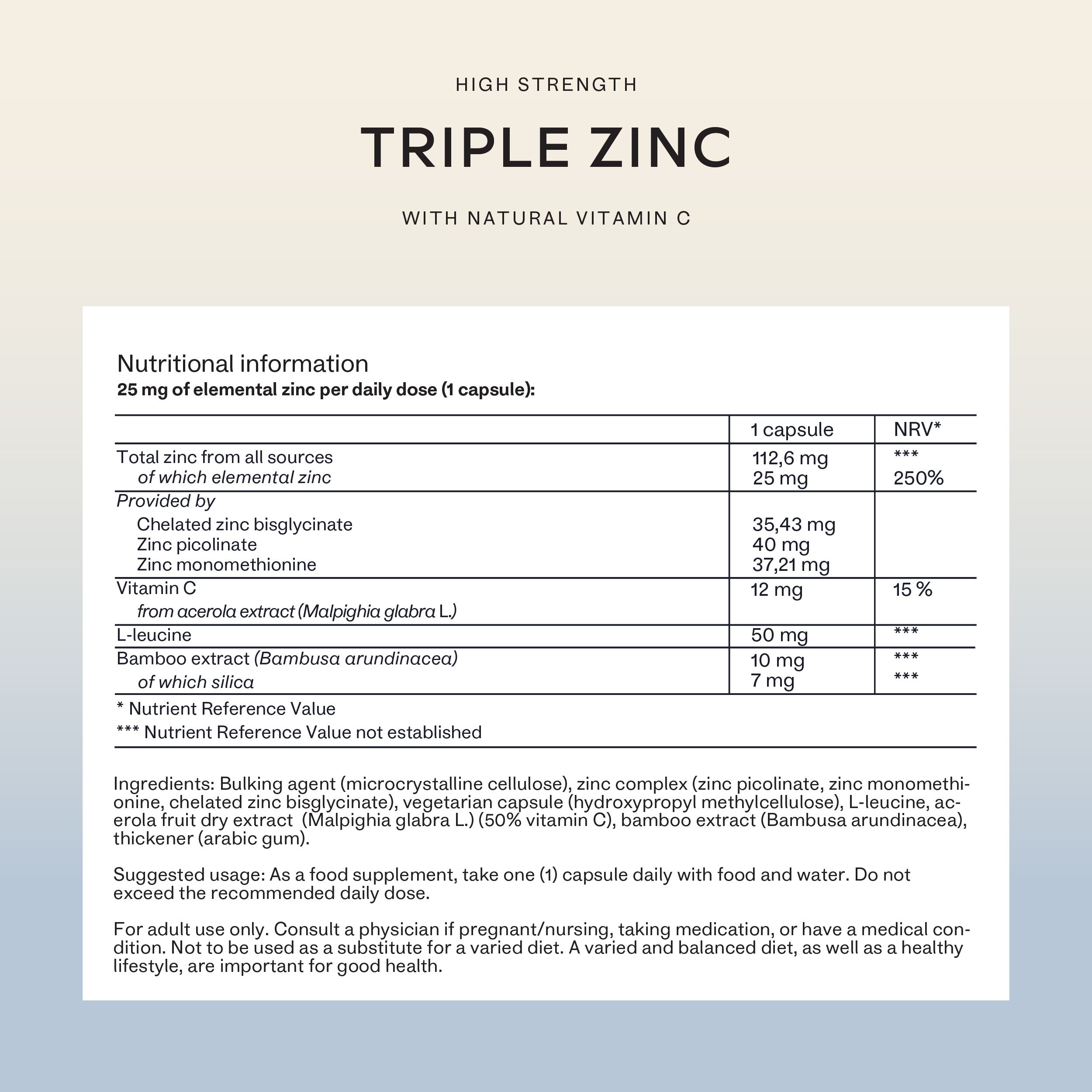 Testo con informazioni nutrizionali. Contiene zinco, vitamina C. Ingredienti e dosaggio raccomandato. Marchio: Aavalabs.