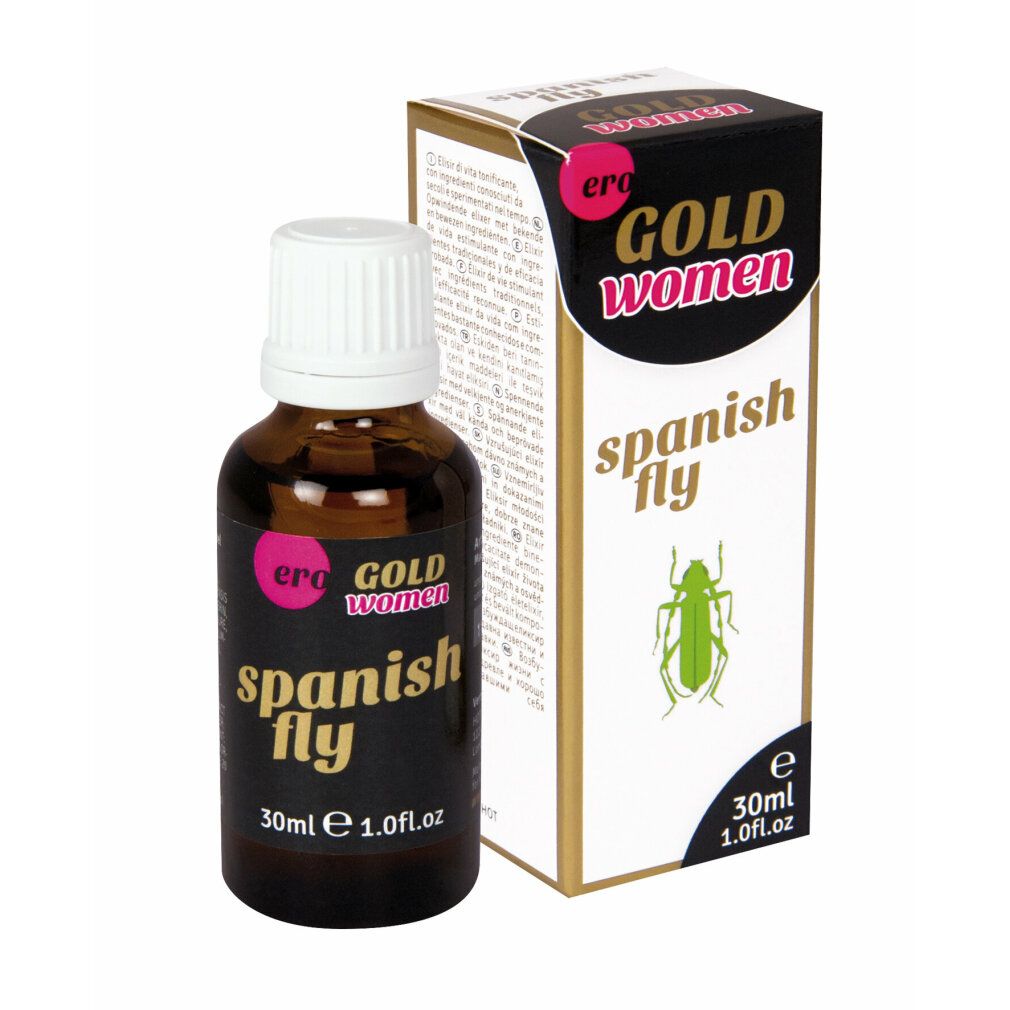 Flacone di vetro marrone e scatola. Scritta: Spanish Fly, Gold Women, 30ml. Con insetto verde.