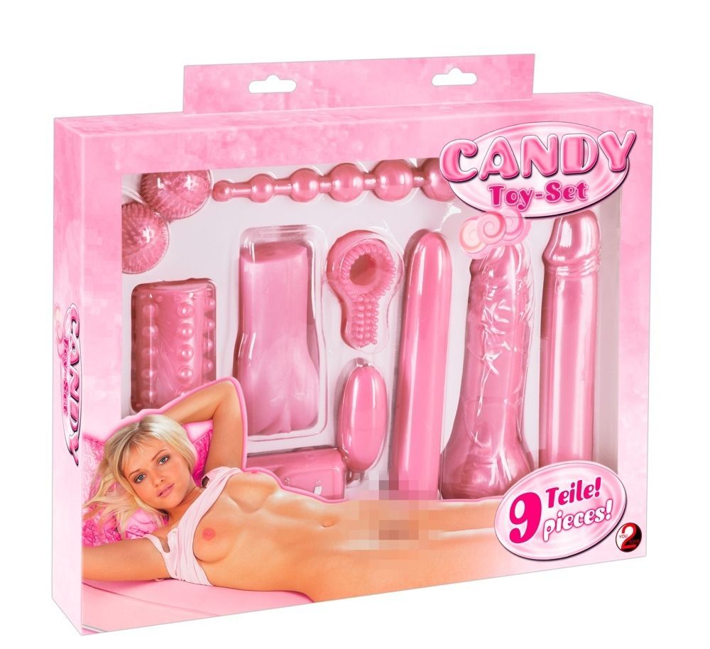 Set Candy Toy rosa, 9 pezzi. Varie forme e dimensioni. Confezione con modella.