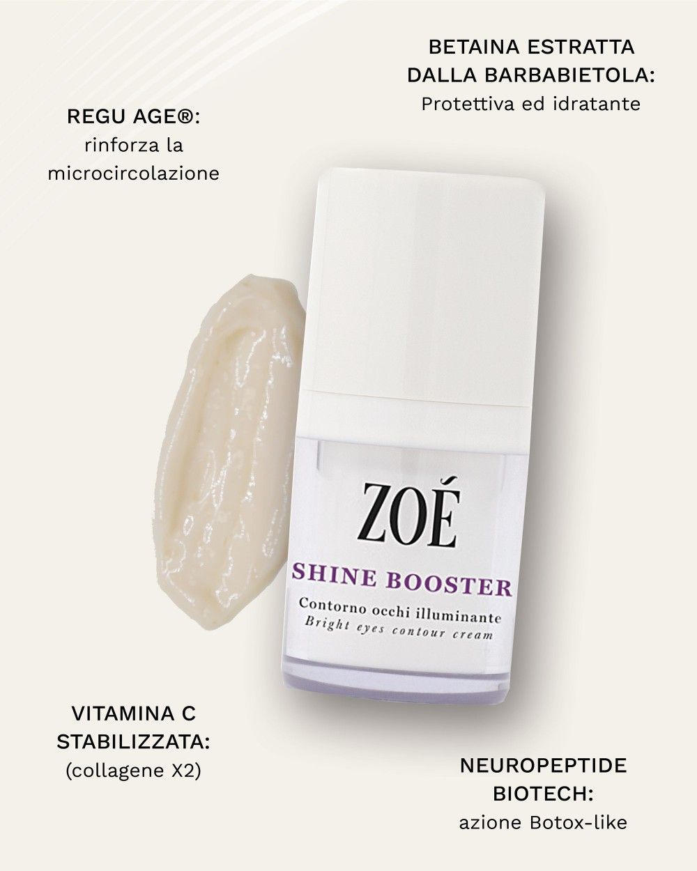 Flacone bianco con tappo. Scritta: ZOÉ, SHINE BOOSTER, Contorno occhi illuminante, Bright eyes contour cream. Testo e crema.