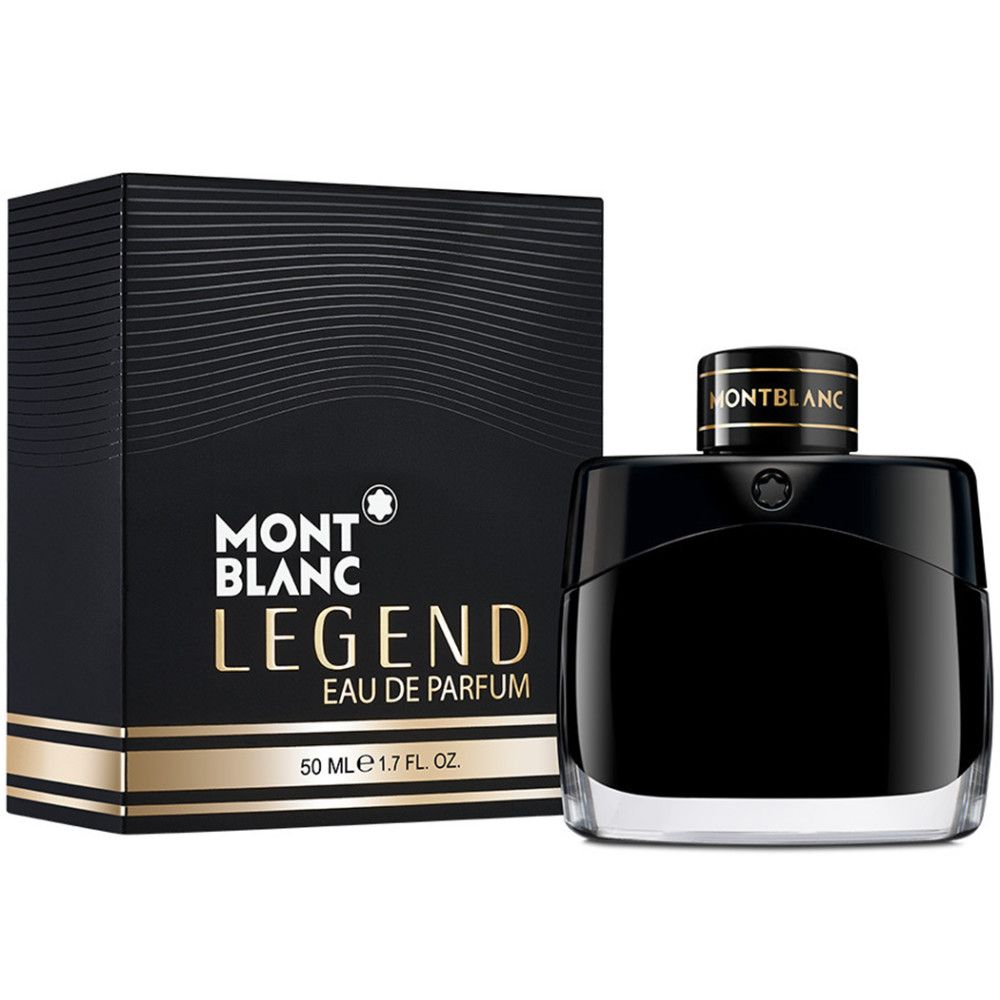 Flacone e confezione neri. Scritta: MONTBLANC LEGEND EAU DE PARFUM. 50 ml. Confezione nera con dettagli dorati.