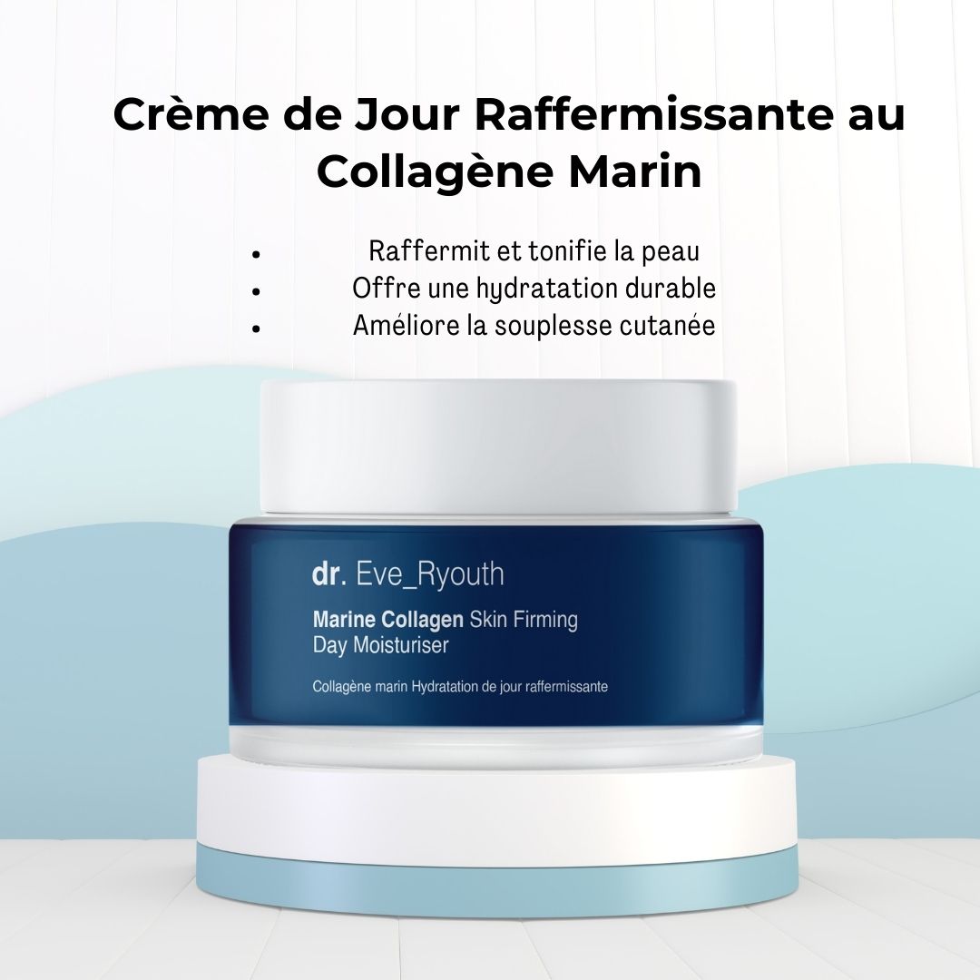 Crema idratante giorno su una piattaforma rialzata. Scritta: Marine Collagen Skin Firming Day Moisturiser. Testo: Crème de Jour Raffermissante.
