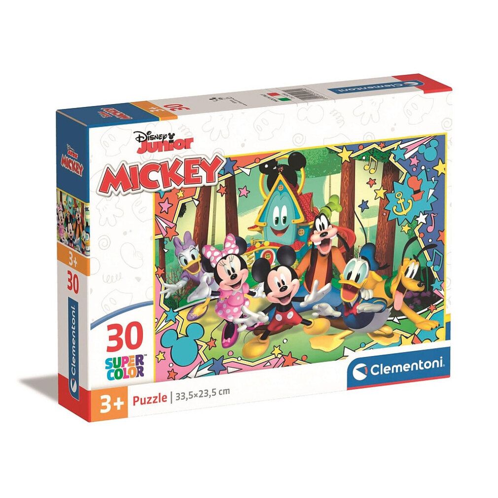 Scatola puzzle con Topolino e amici. Contiene 30 pezzi. Marca: Clementoni. Per bambini dai 3 anni in su. Dimensioni: 33,5 x 23,5 cm.