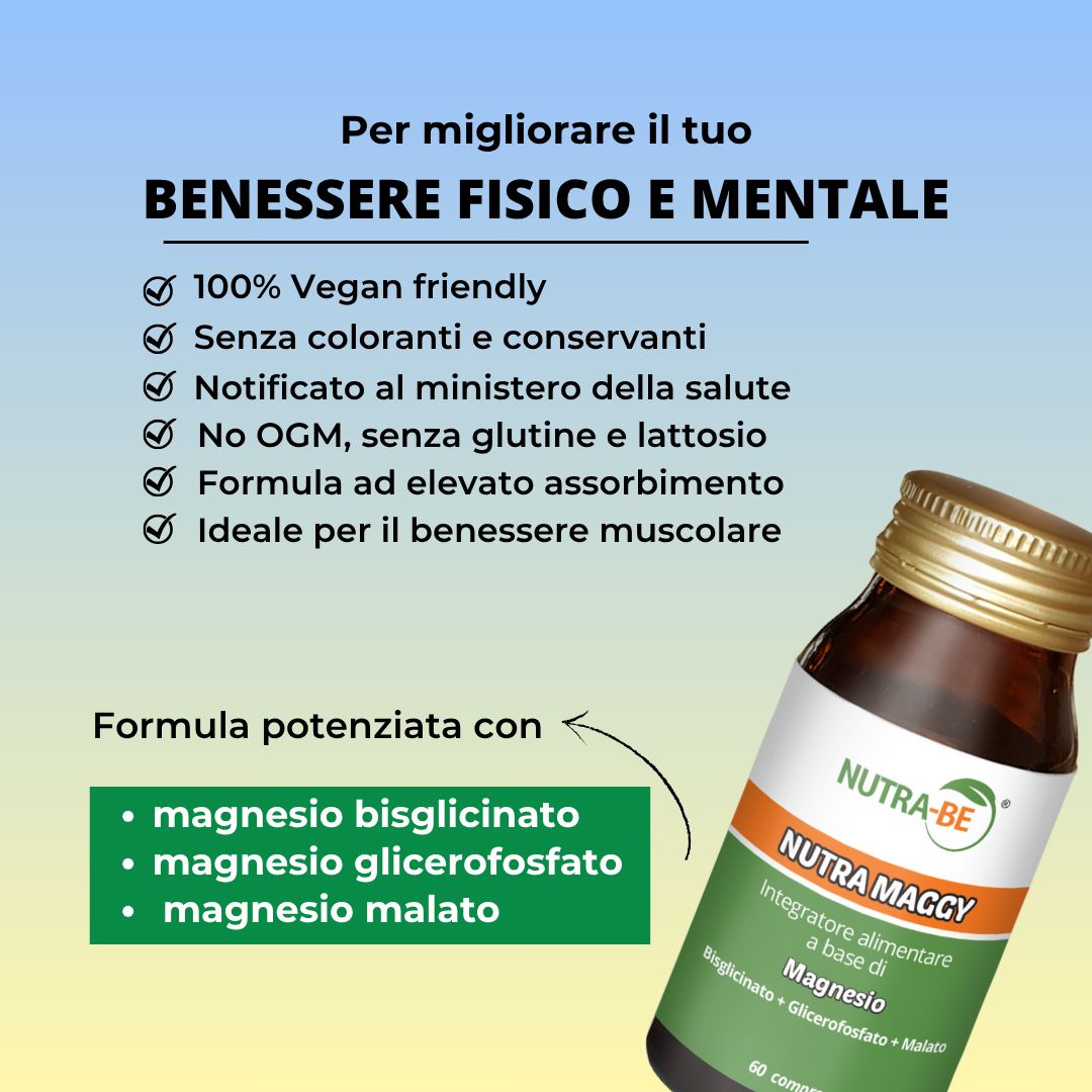 Flacone di vetro marrone con tappo dorato. Etichetta con informazioni sul prodotto. Testo: Nutra Maggy, Magnesio.