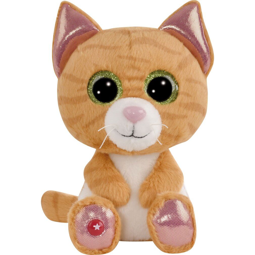 Gatto tabby, ca. 15 cm, arancione-bianco, con occhi e zampe glitterati. Glitter rosa nelle orecchie e zampe. Stella rossa sulla zampa.