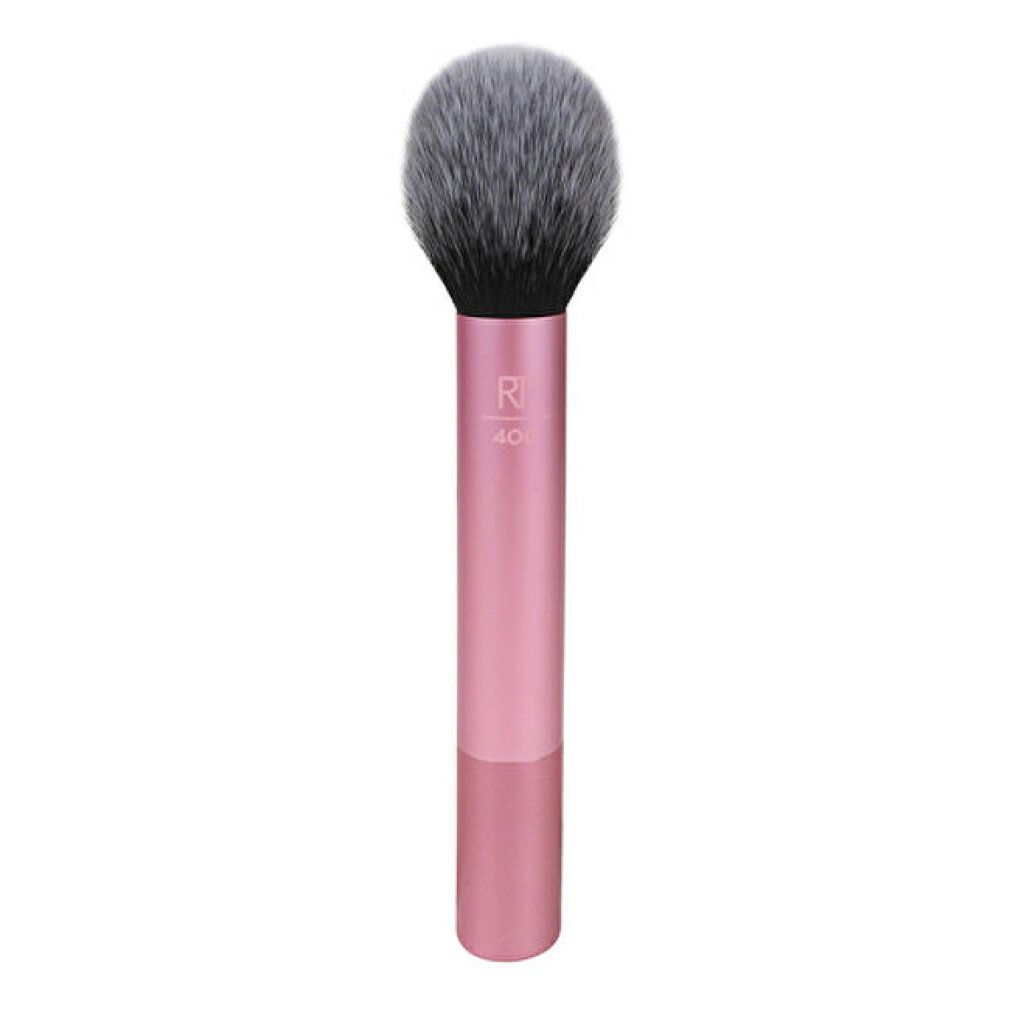 Pennello per polveri con manico rosa e setole grigio-nere. "R 40" stampato sul manico.