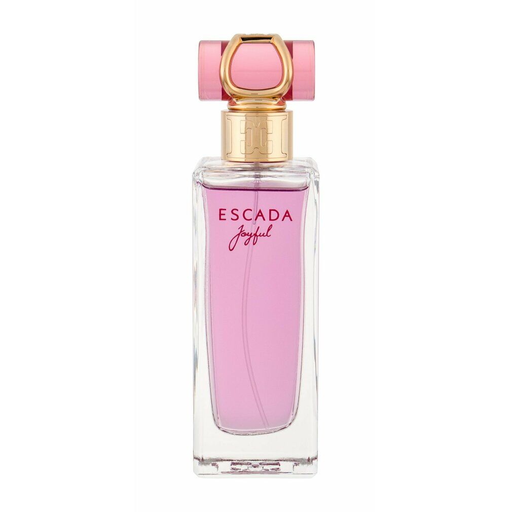 Flacone di Escada Joyful Eau de Parfum Spray. Flacone rettangolare con liquido rosa, collo dorato e tappo rosa.