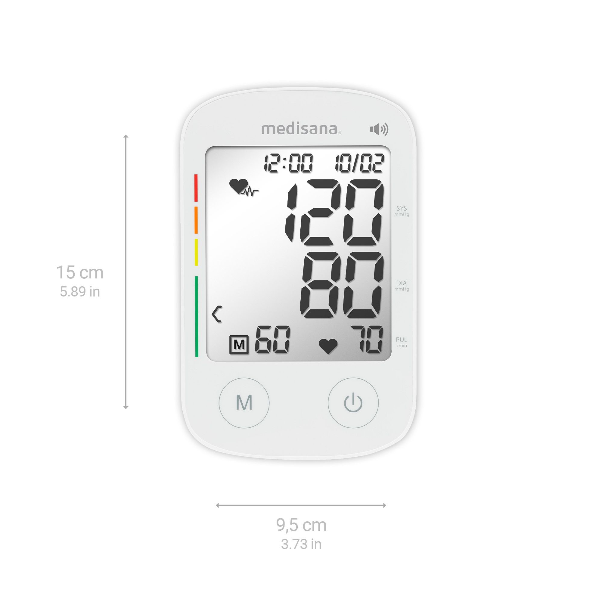 Misuratore pressione medisana, 15x9,5 cm. Ampio display mostra 120/80 mmHg. Tasti M e Power.