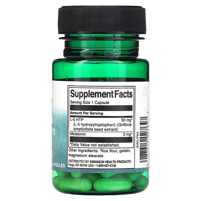 Capsule verdi in flacone verde con tappo nero. Etichetta con informazioni nutrizionali, 5-HTP e melatonina.
