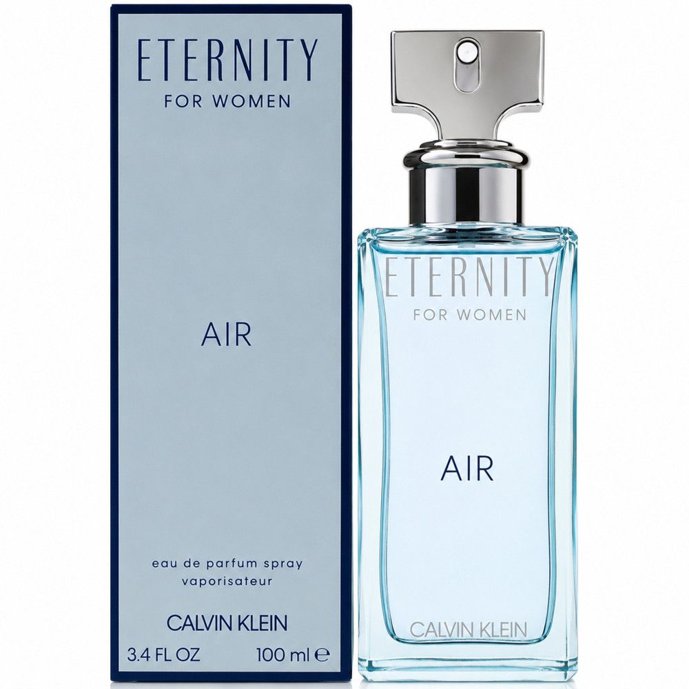 Set Calvin Klein Eternity Air Eau de Parfum da donna. Flacone e scatola rettangolare con vaporizzatore argentato.