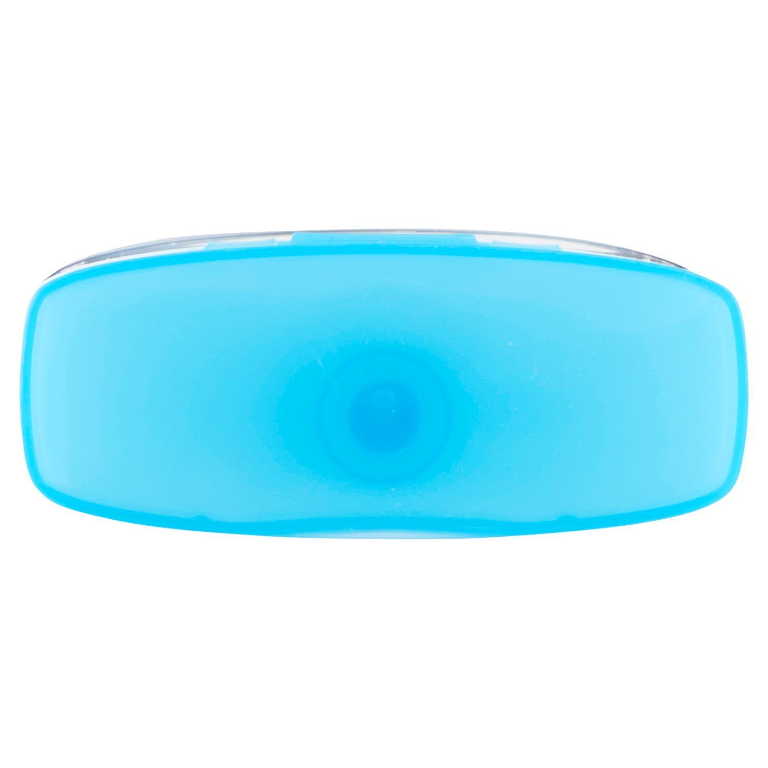 Parte superiore del tappo della bottiglia. Plastica blu chiaro. Forma rotonda con incavo al centro.