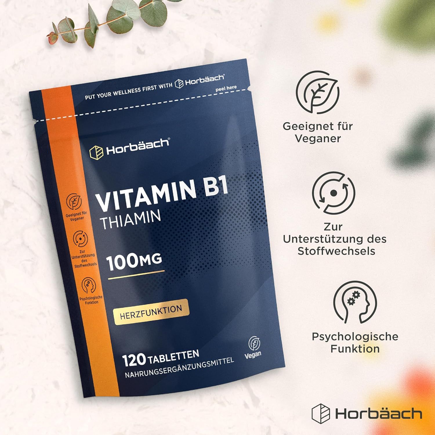 Busta di compresse Horbaach Vitamina B1 Tiamina. Busta nera con testo bianco. 120 compresse, 100mg. Vegan.