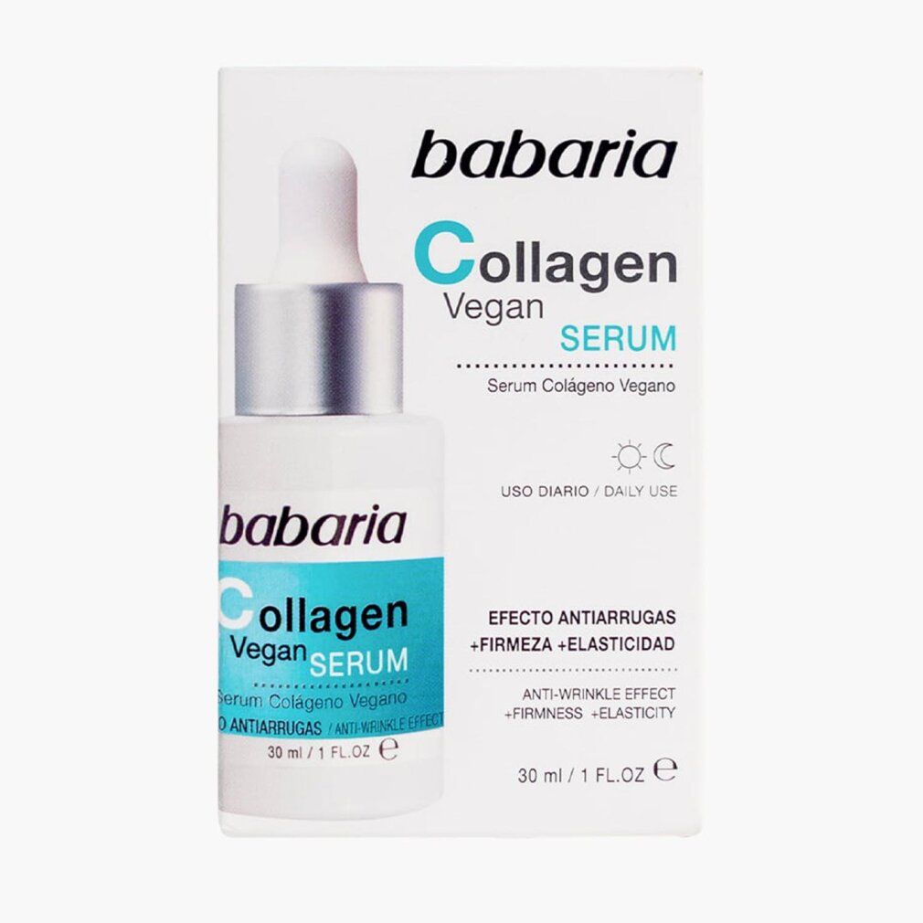 Flacone e confezione Babaria Collagen Vegan Serum. Bianco, blu e argento. Testo: Anti-rughe, compattezza, elasticità.
