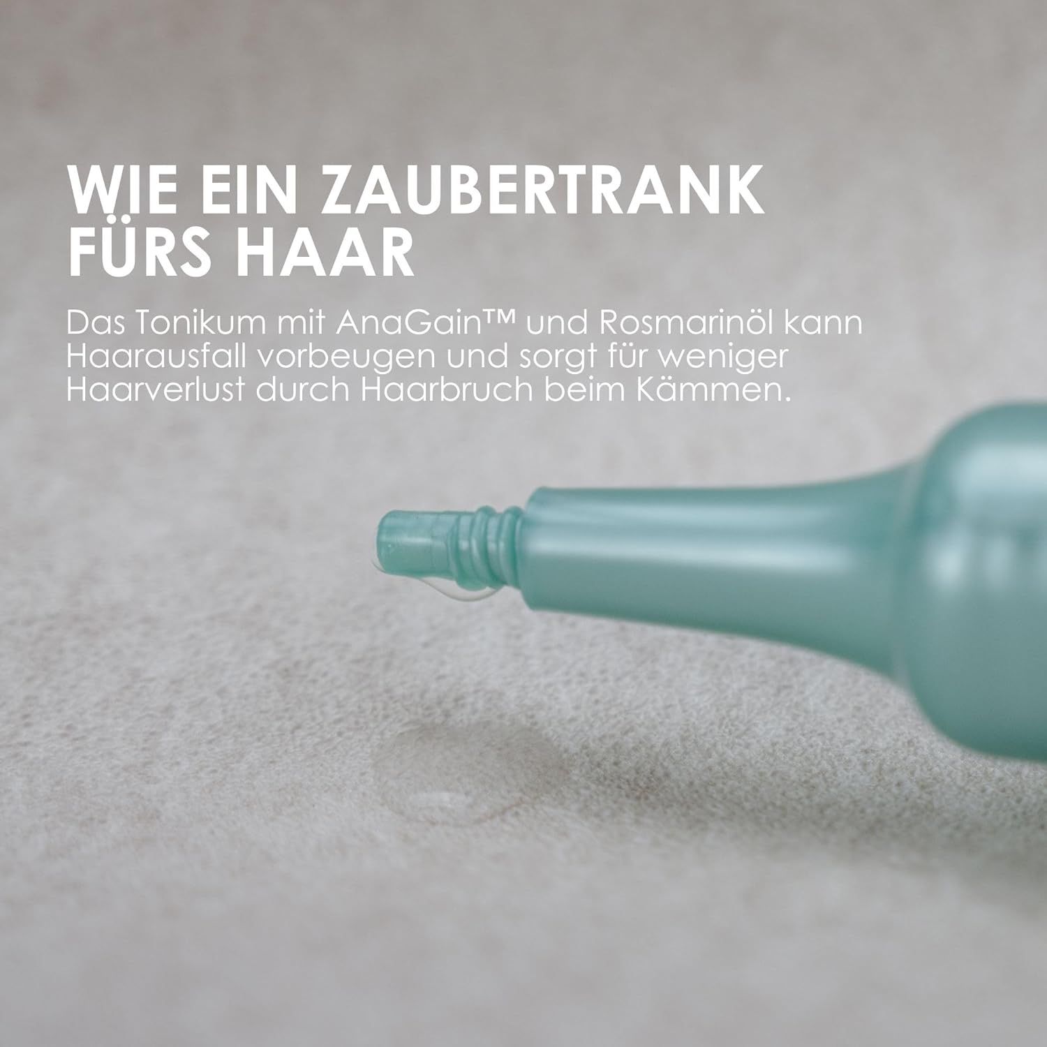 Flacone di tonico per capelli. Testo: Come una pozione magica per i capelli. Il tonico con AnaGain™ e olio di rosmarino previene la caduta.