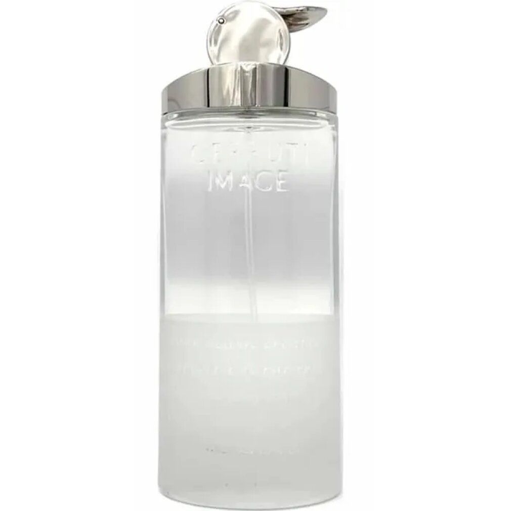 Cerruti Image Eau de Toilette Spray. Flacone trasparente con tappo argentato. Nome del prodotto sul flacone. Liquido bianco nella parte inferiore.