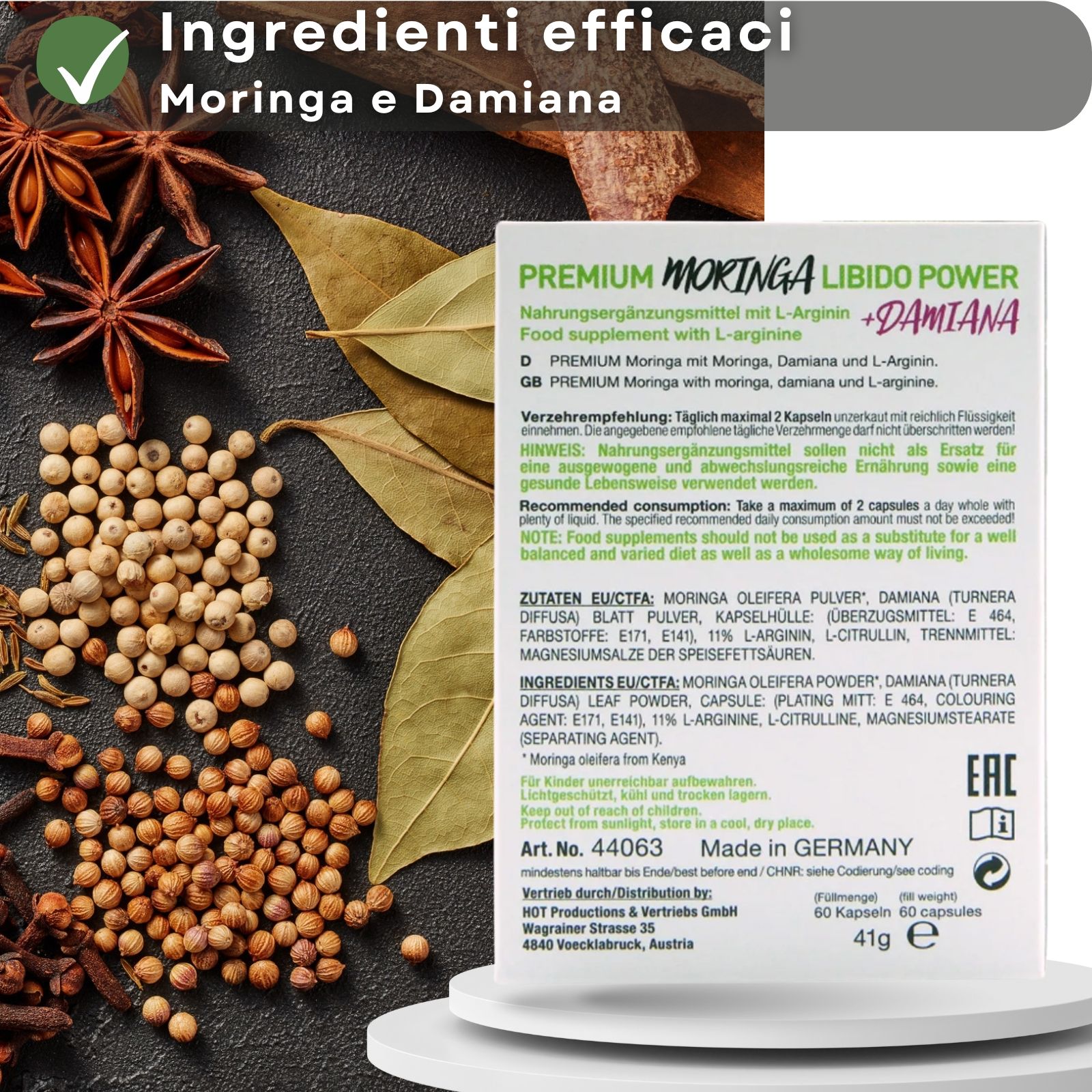 Flacone bianco di capsule « Moringa + Damiana Libido Power ». 60 capsule, capsule verdi, foglie, confezione.