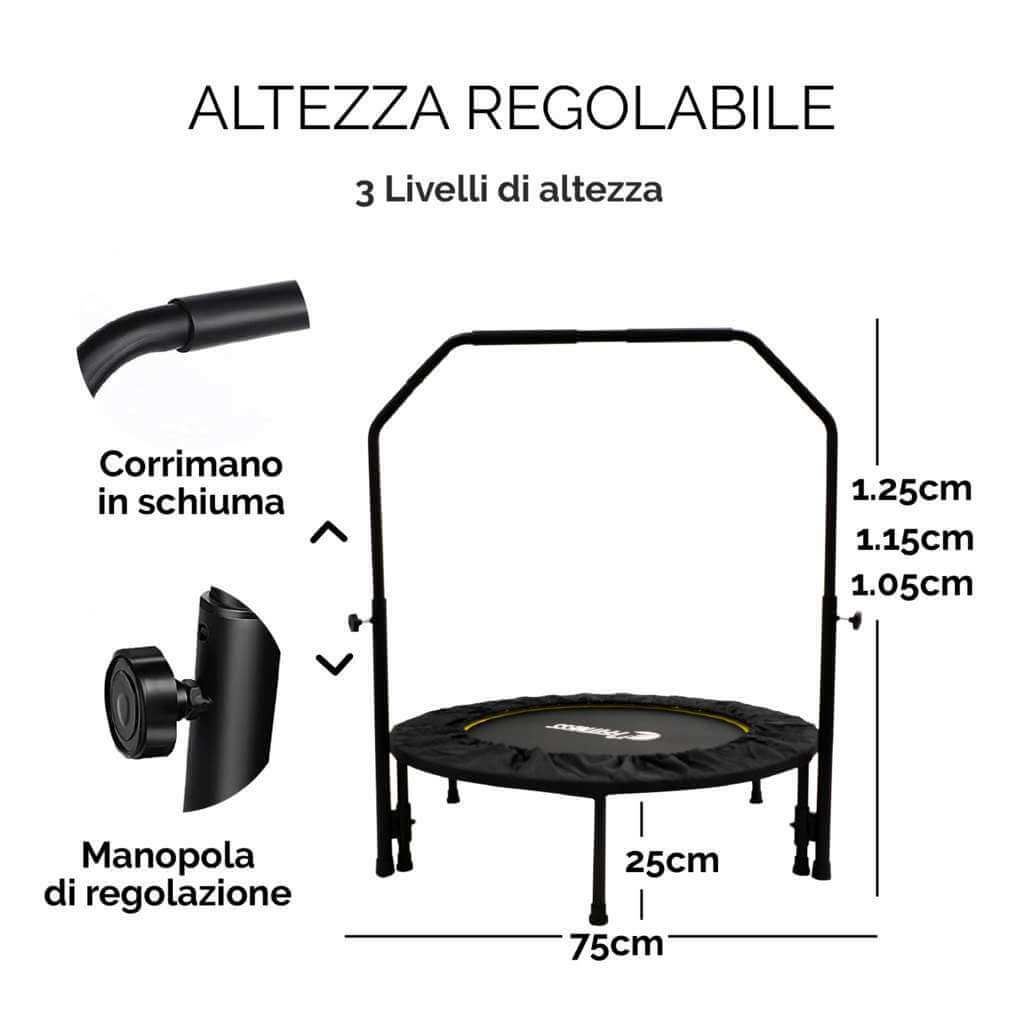 Trampolino ad altezza regolabile. Dimensioni: 75cm x 25cm x 1.25cm/1.15cm/1.05cm. Parti: corrimano, manopola di regolazione.