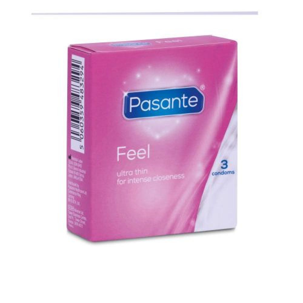 Scatola rosa di preservativi Pasante Feel. Contiene 3 preservativi. Testo: ultra sottile, per un'intimità intensa.