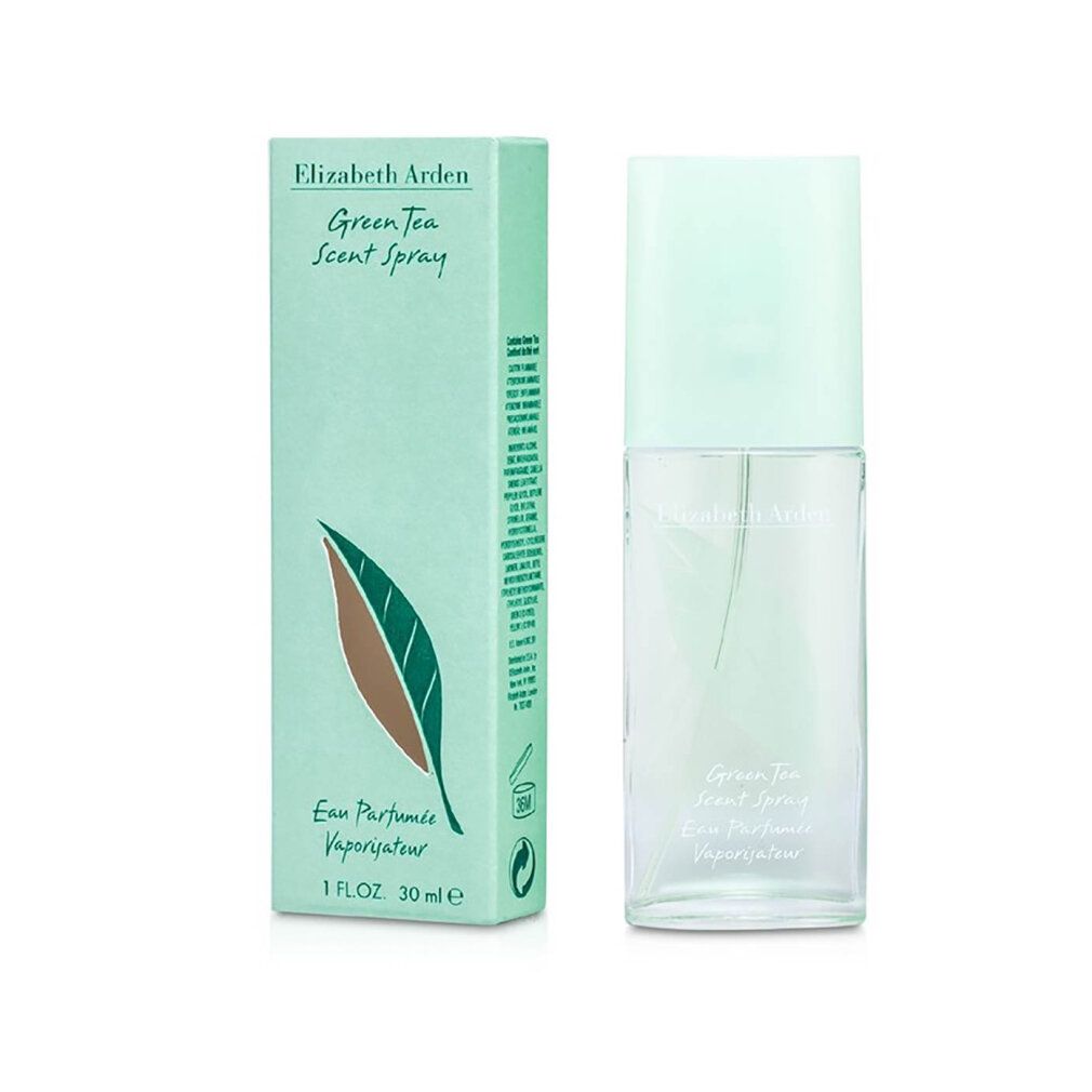 Green Tea Scent Spray con confezione. Flacone e scatola. Logo foglia e nome del prodotto su entrambi.