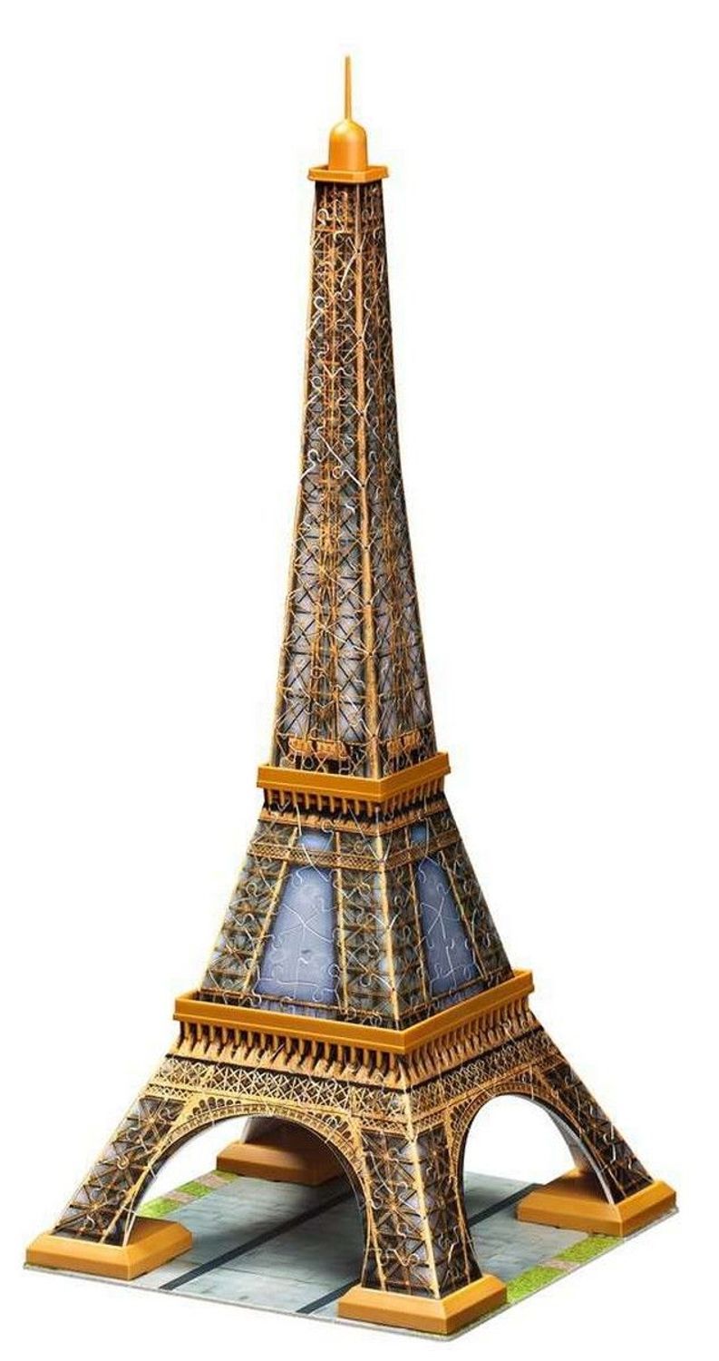 Puzzle 3D Torre Eiffel assemblata. Dettagli dorati e marroni. Finestre blu. Su base grigia. Senza sfondo.