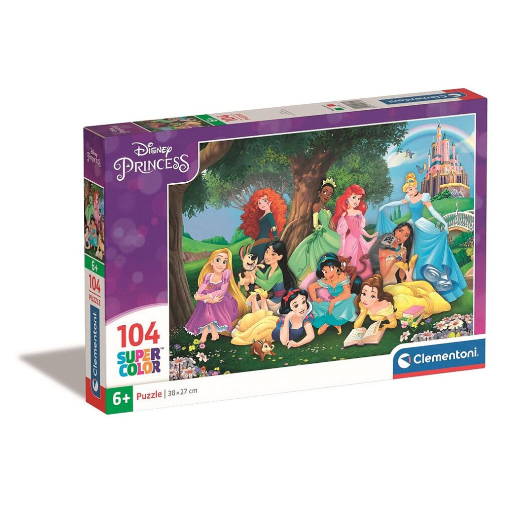 Puzzle Clementoni Disney Princess. Confezione con motivo puzzle. 104 pezzi, 38x27 cm. Consigliato 6+.
