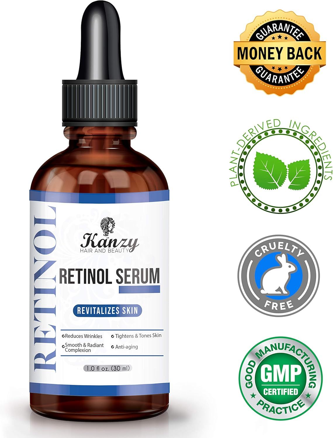 Flacone di vetro marrone di siero al retinolo. Scritte: KANZY, Retinol Serum, Rivitalizza la pelle. Con contagocce. Sigilli: garanzia di rimborso, cruelty-free, GMP.