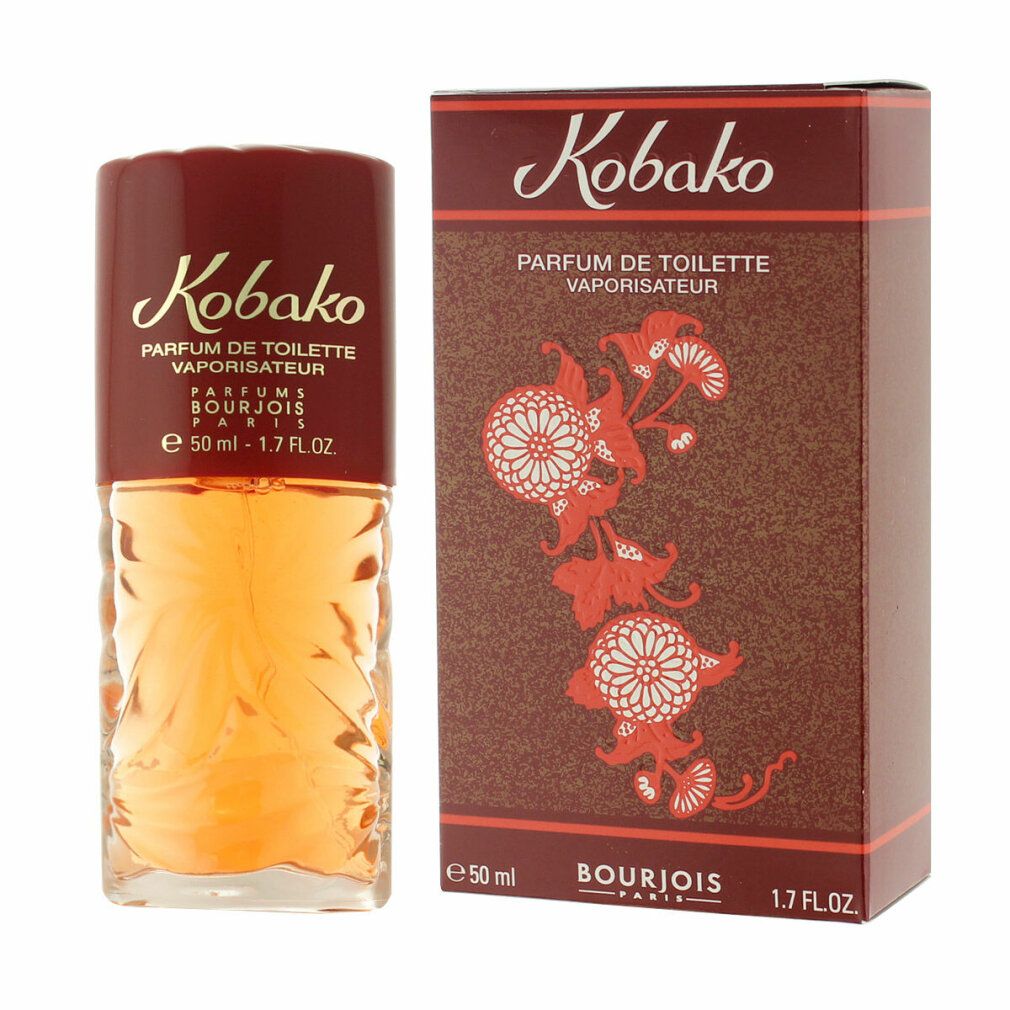 Kobako Eau de Toilette. Flacone e confezione. Tappo rosso, confezione marrone con motivo floreale. 50 ml.