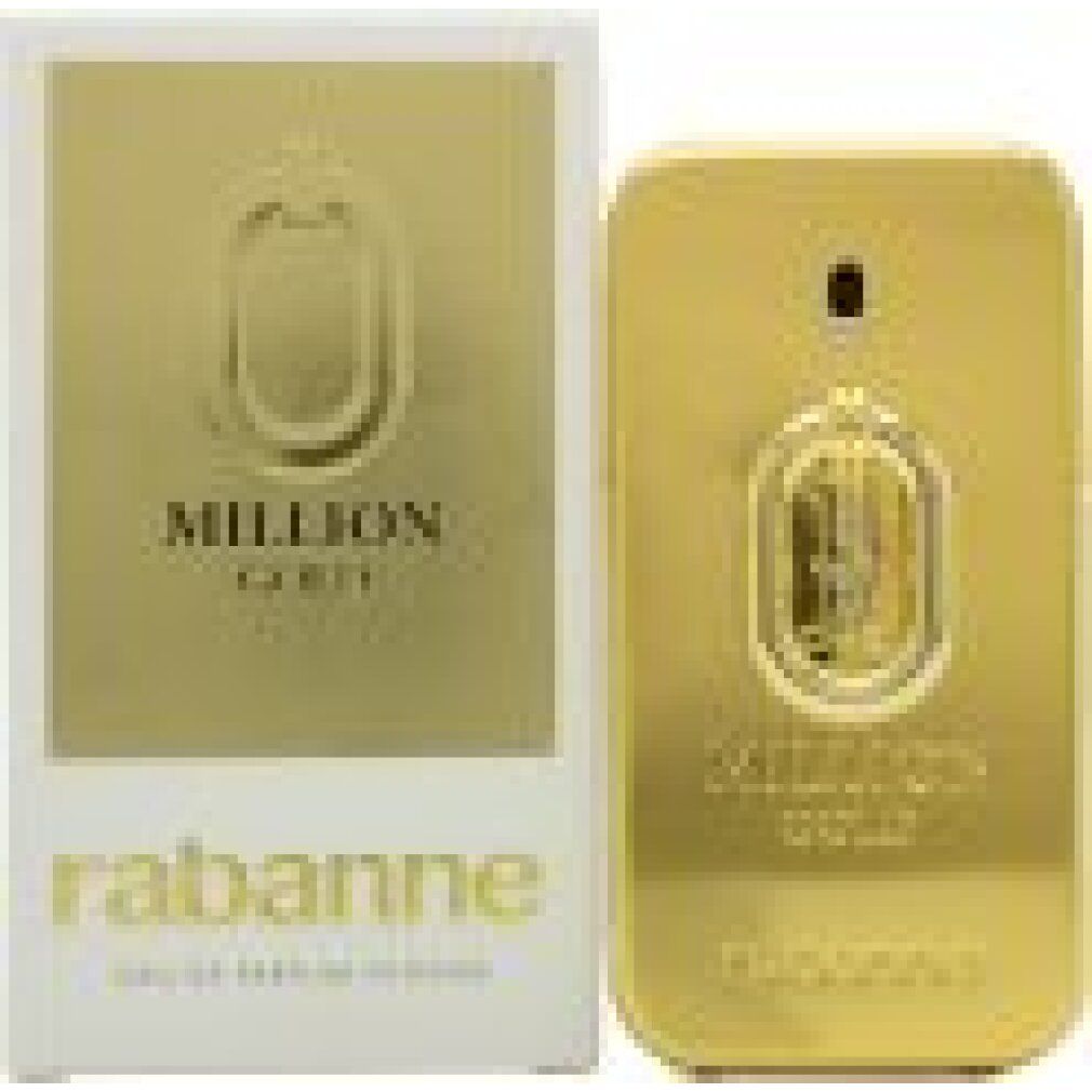 Flacone e scatola dorati. Scritta: Million Gold, Rabanne. Eau de Parfum Intense.